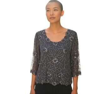 Nostalgia Womens Top Sz L Beaded Blouse Gray Sparkly Party Evening Cocktail Glam